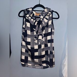 Tory Burch Navy and White Ruffled Sleeveless Blouse- 100% silk
